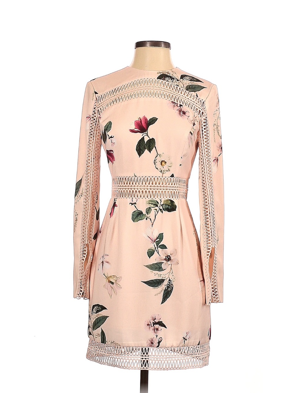 KEEPSAKE the Label Pink Floral Crochet-Trim Long Sleeve Mini Dress